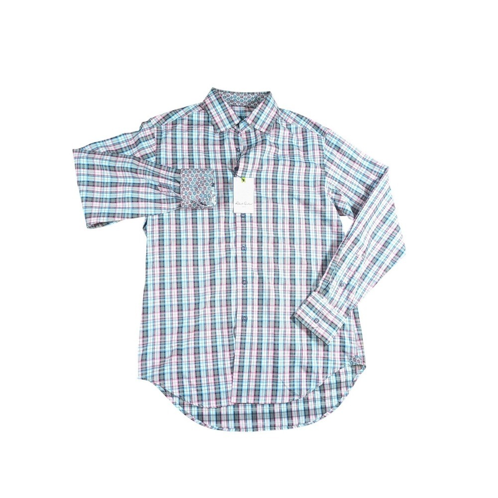 Robert Graham Men's Small Button Front Shirt Pink Blue Plaid Floral Flip Cuffs